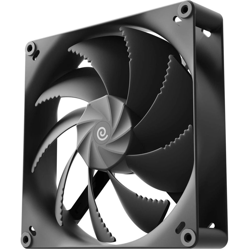 Ein schwarzer Computerlüfter mit stilisierten Rotorblättern und einem Logo in der Mitte.