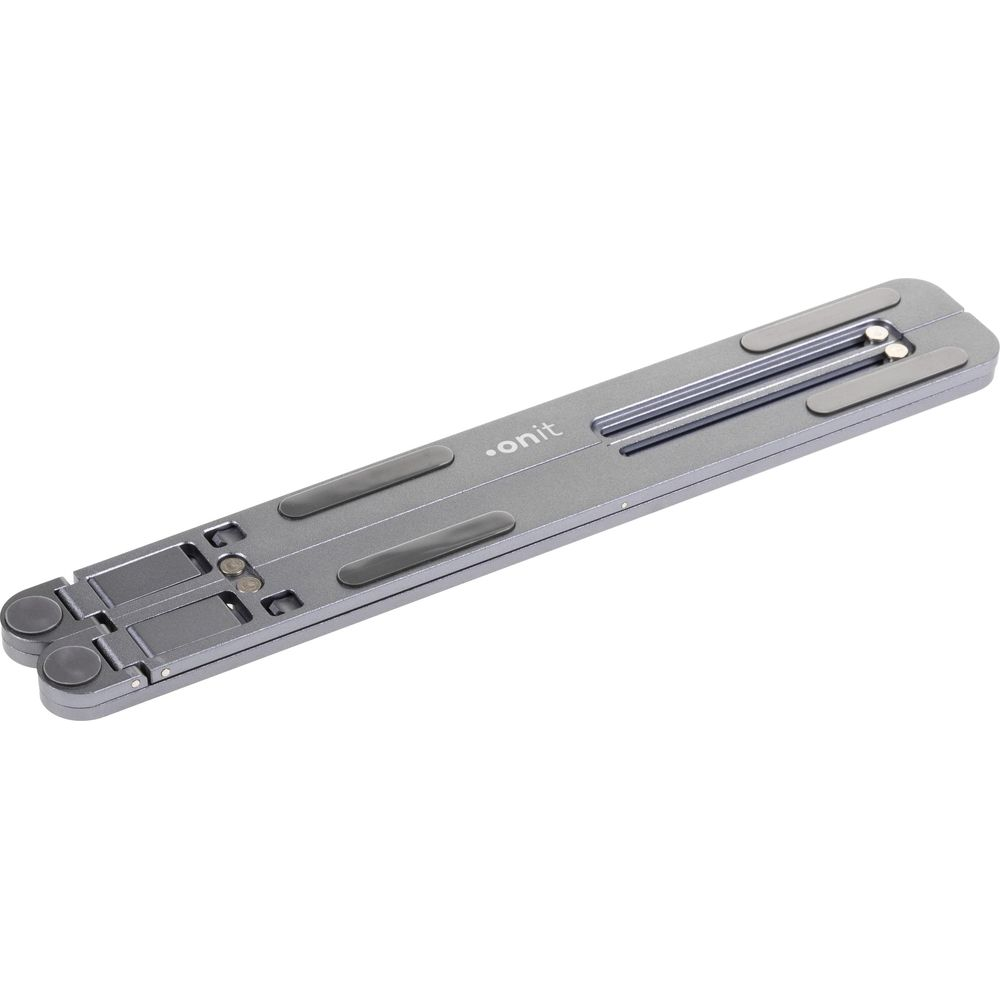 Supporto pieghevole grigio per laptop con impugnature in gomma e perni argentati.