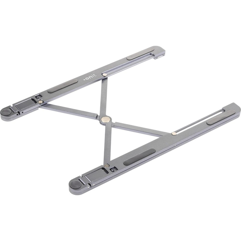 Un supporto per laptop grigio e regolabile con giunti e gommini.