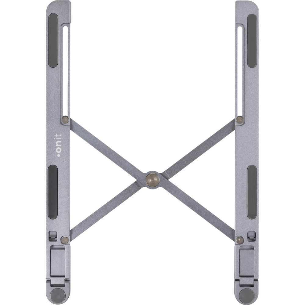 Supporto portatile argentato e pieghevole con logo 'onit'. Struttura a X.