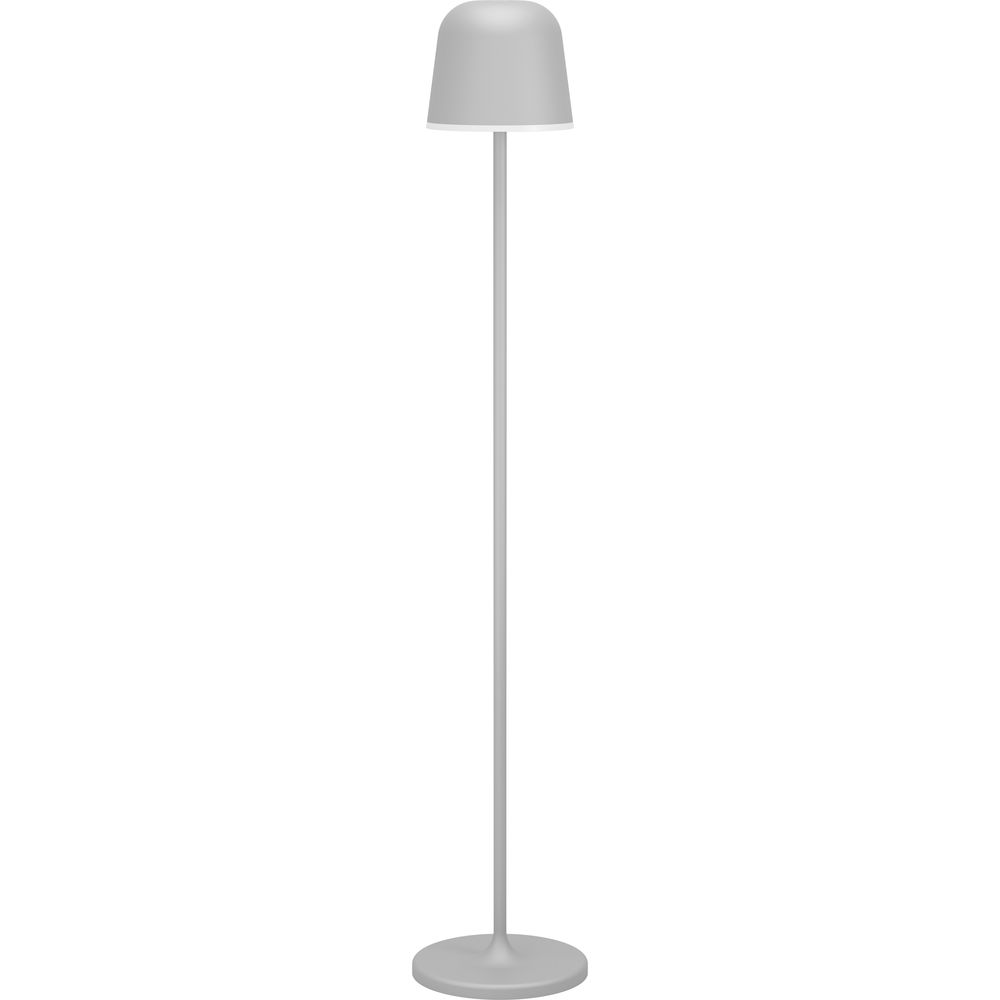Eine schlichte, graue Stehlampe mit einem runden Fuß und einem kuppelförmigen Schirm.