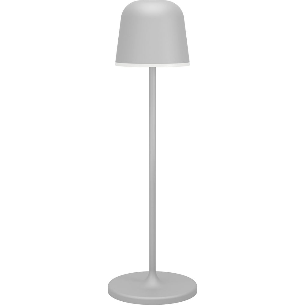 Graue Stehlampe mit rundem Fuß und Lampenschirm.