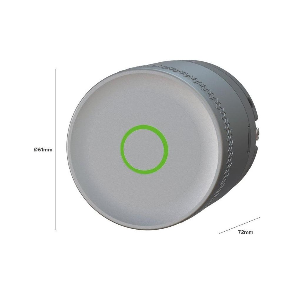 Grauer runder Knopf mit grünem Kreis und Maßen 61mm und 72mm.