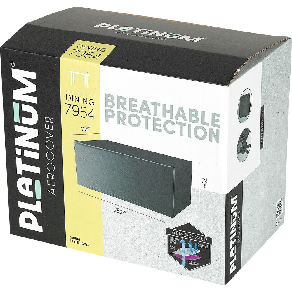 Verpackung für eine graue Tischabdeckung mit Aufdruck 'PLATINUM AEROCOVER'.