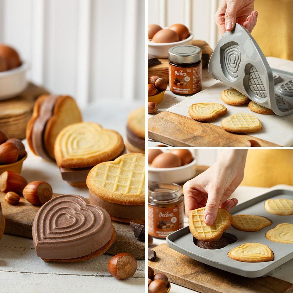 Herzförmige Kekse mit Schokoladenfüllung und Waffeltextur.