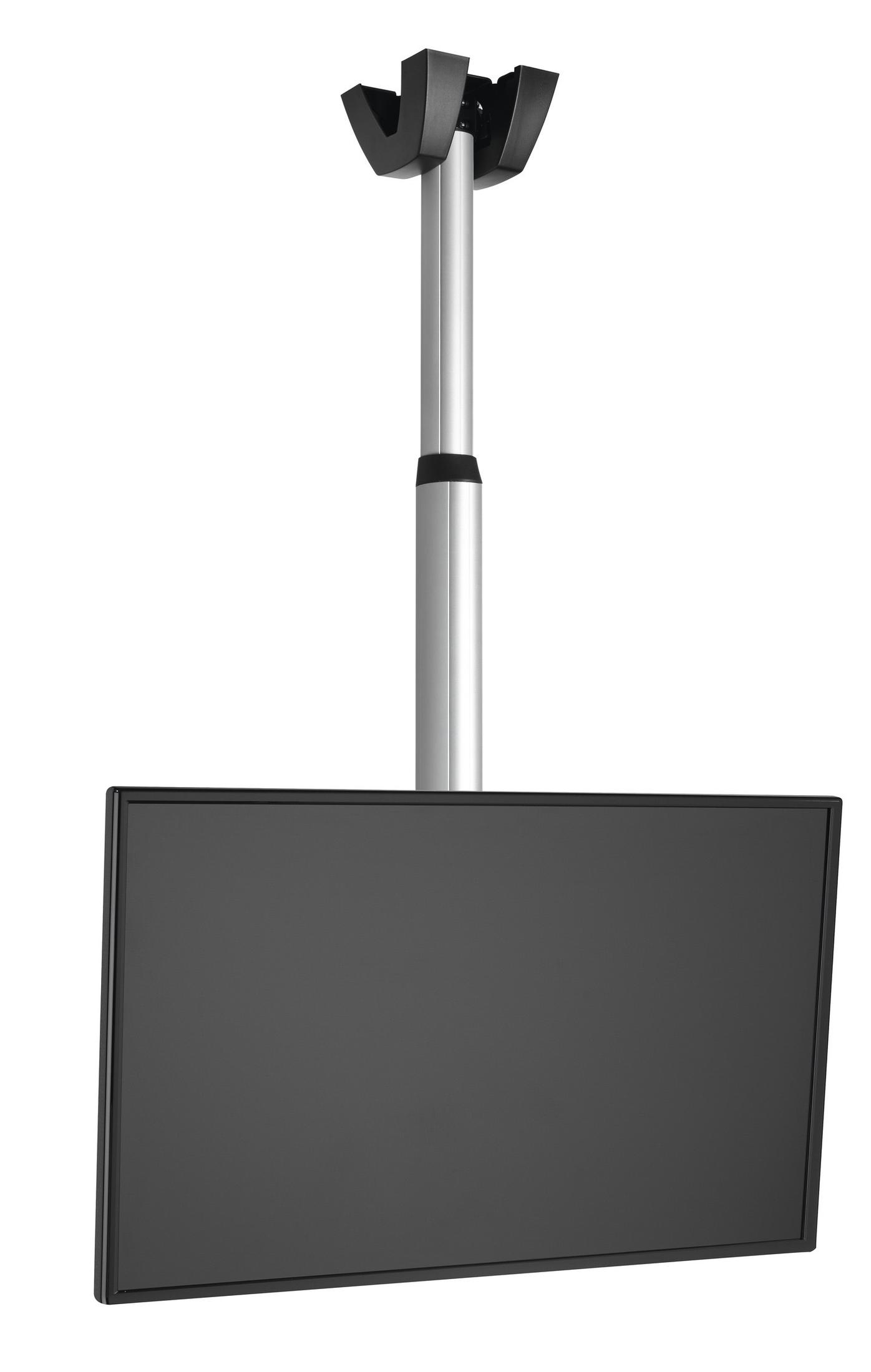 Deckenhalterung mit silbernem Rohr und schwarzem Fernsehbildschirm.