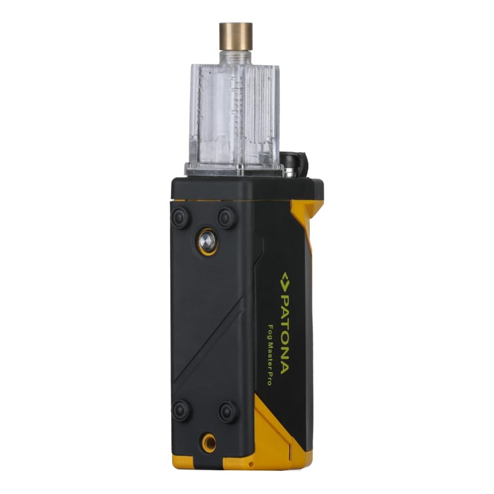 Un vaporisateur noir et jaune avec réservoir transparent et embout doré.