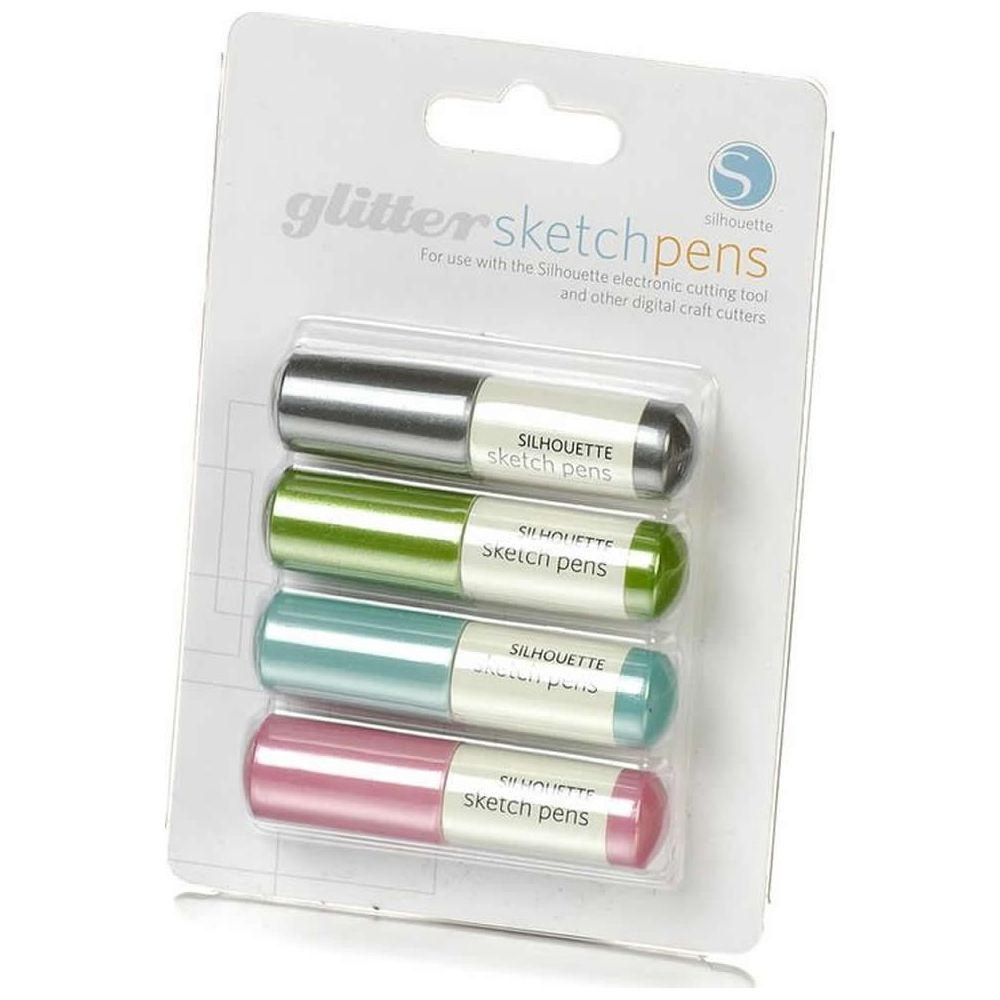 Vier Silhouette Glitzer-Sketch-Stifte in silberner, grüner, teal- und pinker Verpackung.