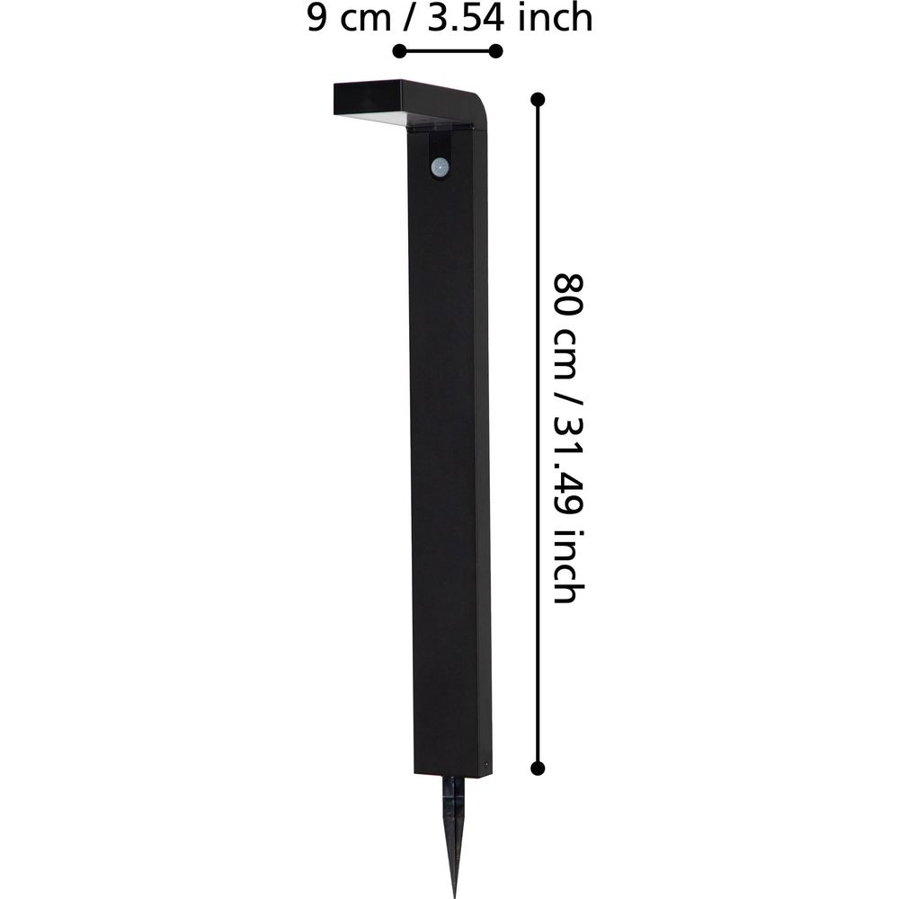 Schwarzer Außenleuchter, 80 cm hoch, 9 cm breit.