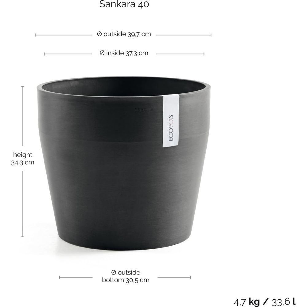 Un pot cylindrique gris foncé, hauteur 34,3 cm, diamètre extérieur 39,7 cm.