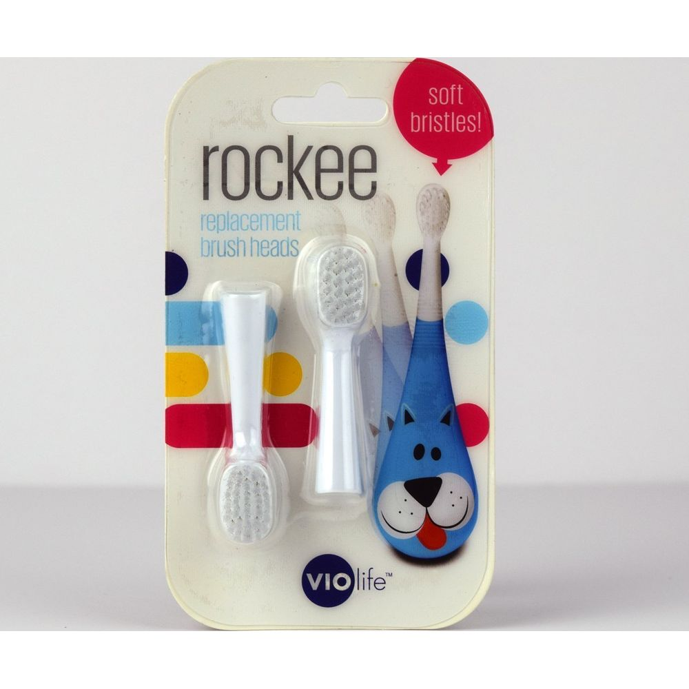 Rockee Ersatzbürstenköpfe mit blauem Hundehandstück und zwei weißen Bürstenköpfen.