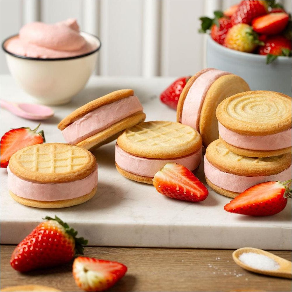Erdbeer-Eis-Sandwiches mit frischen Erdbeeren und einer Schüssel Erdbeercreme.