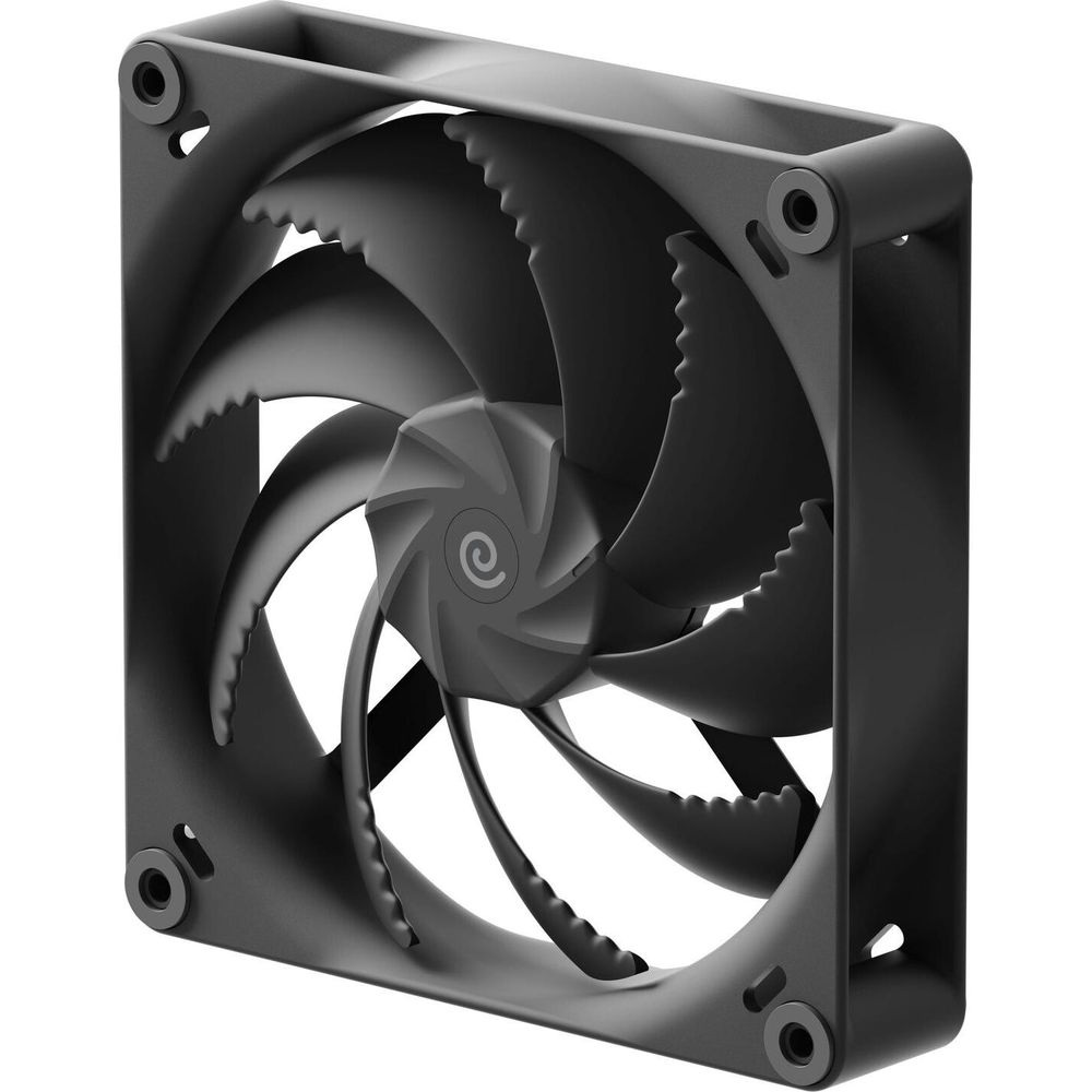 Una ventola per computer nera con pale curve e logo al centro.