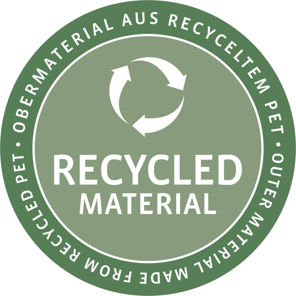 Kreissymbol mit "RECYCLED MATERIAL" und "OBERMATERIAL AUS RECYCELTEM PET".