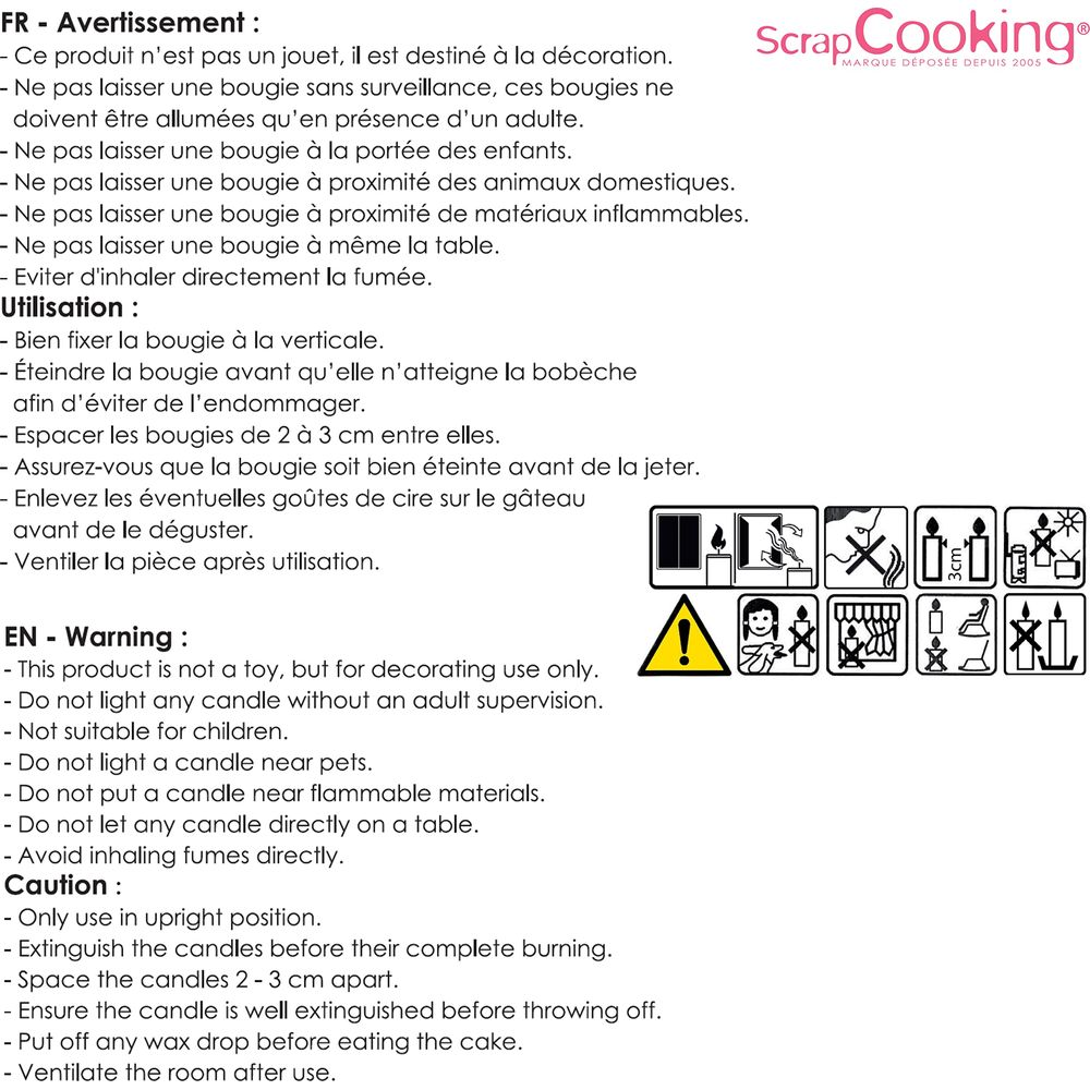 Warnhinweise und Gebrauchsanweisungen für Kerzen von Scrap Cooking.
