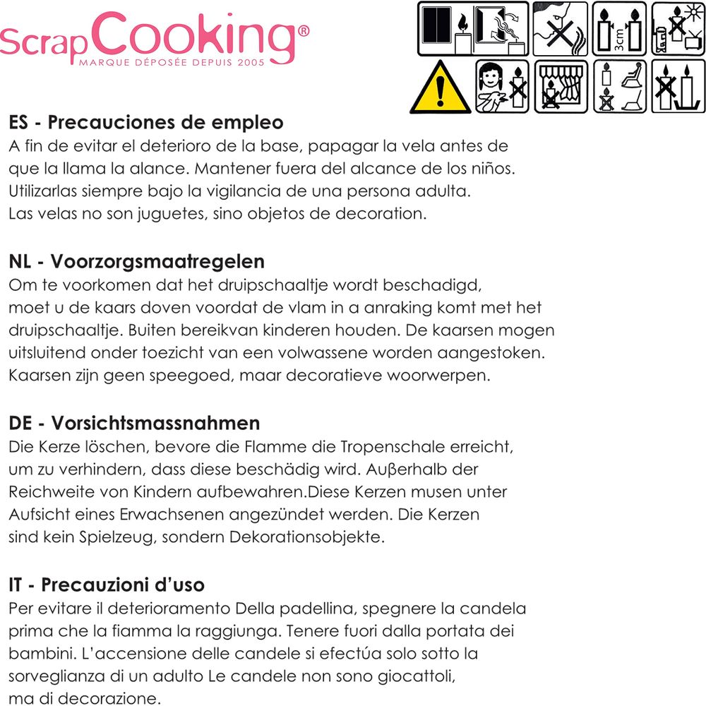 Warnsymbole und Text in mehreren Sprachen über Kerzen.