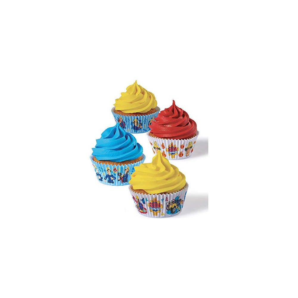 Vier Cupcakes mit bunten Frostings: gelb, blau und rot. Mit Motiven dekoriert.