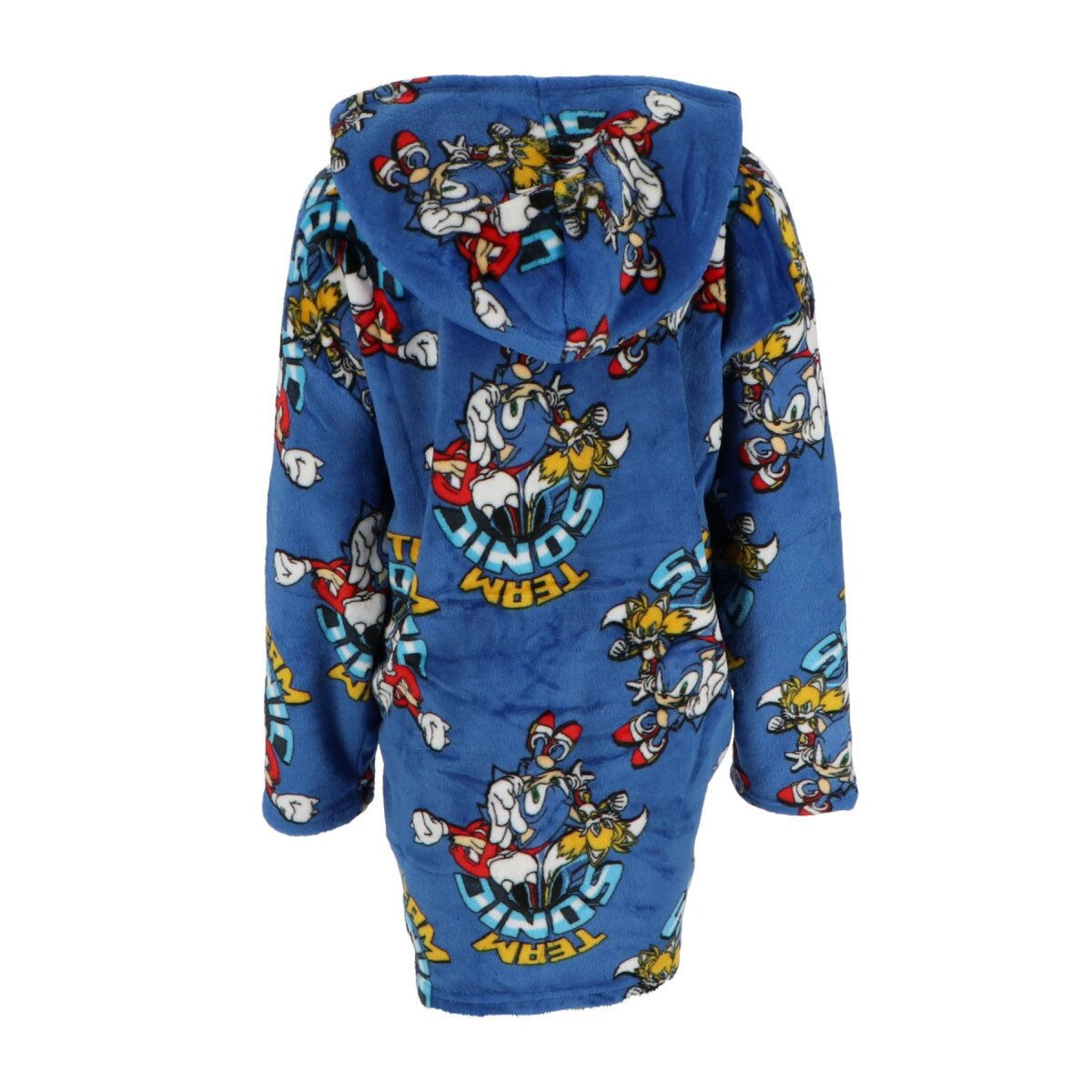 Blauer Bademantel mit Sonic und Tails-Aufdruck.