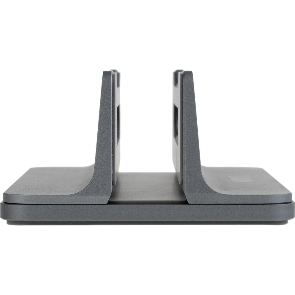 Un supporto per laptop grigio con due supporti verticali e una base piatta.