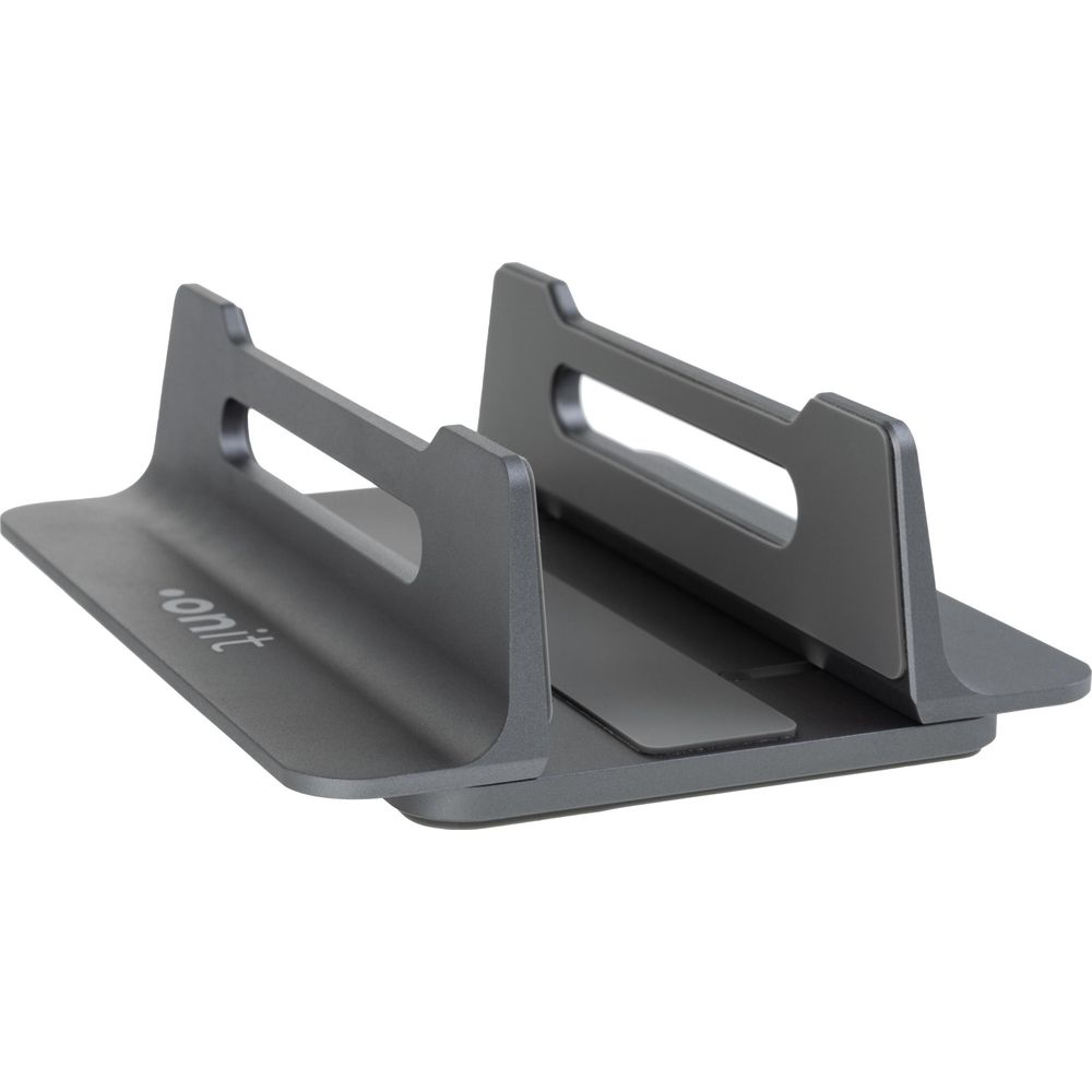Supporto grigio per laptop con due fessure, logo sul lato sinistro.