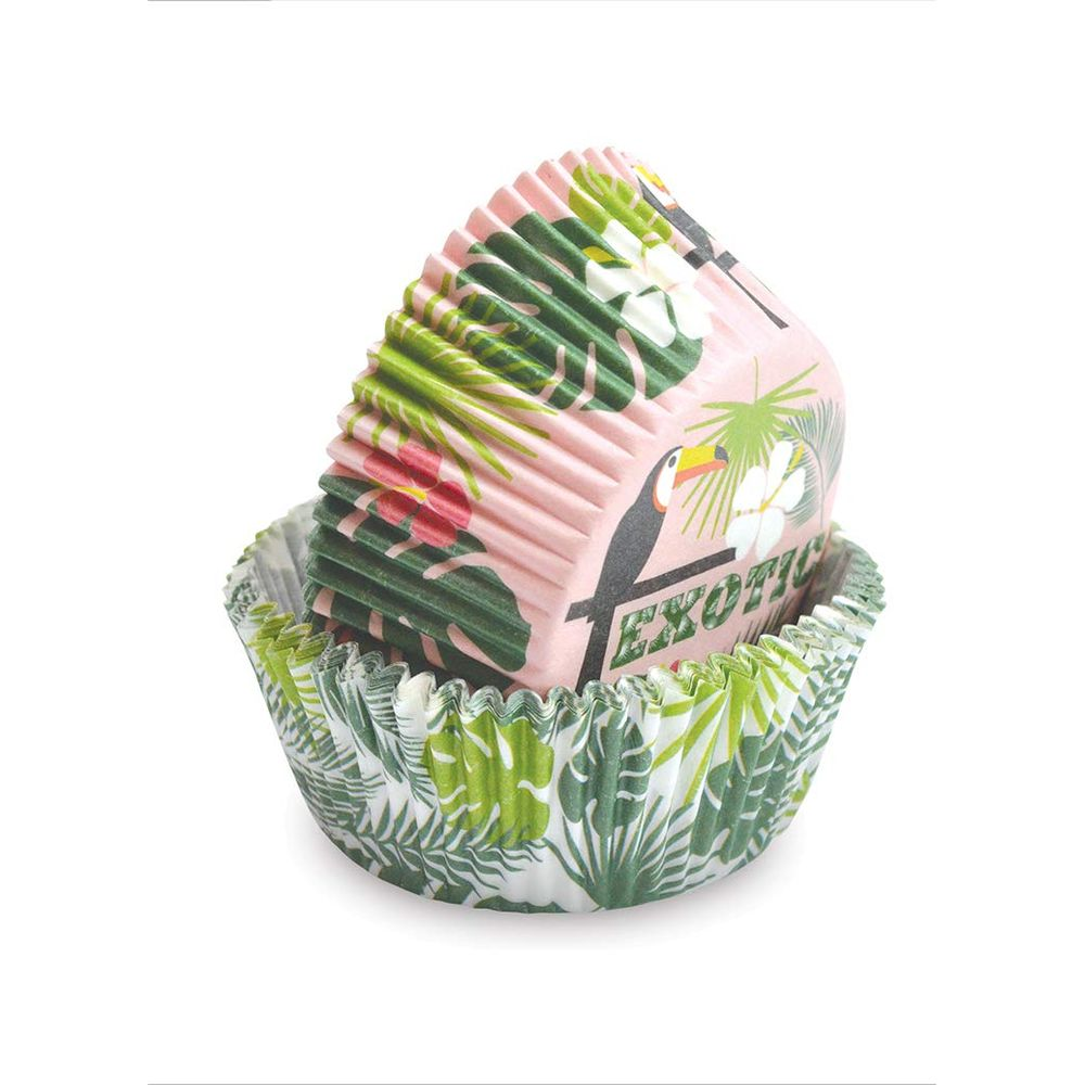 Zwei Cupcake-Förmchen mit tropischem Motiv und einem Tukan.
