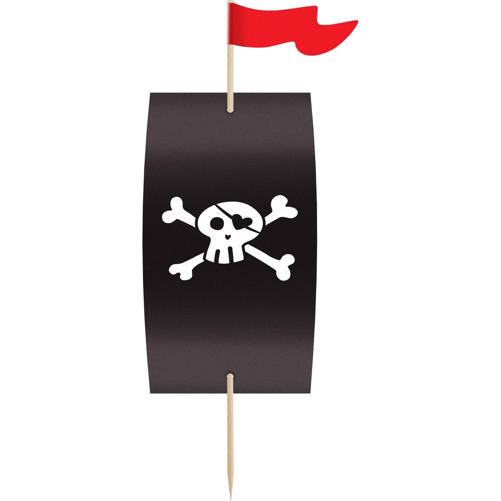 Schwarzes Piratenschiff-Segel mit Totenkopf und gekreuzten Knochen und roter Fahne.