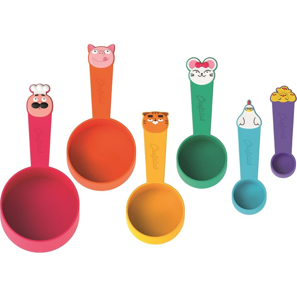 Set di 6 misurini colorati con facce di animali: chef, maiale, tigre, topo, gallina, anatra.