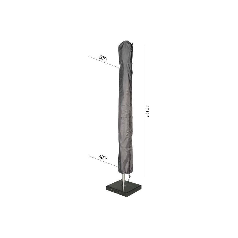 Graue Schutzhülle für einen Sonnenschirm, 215cm hoch, mit Maßen.