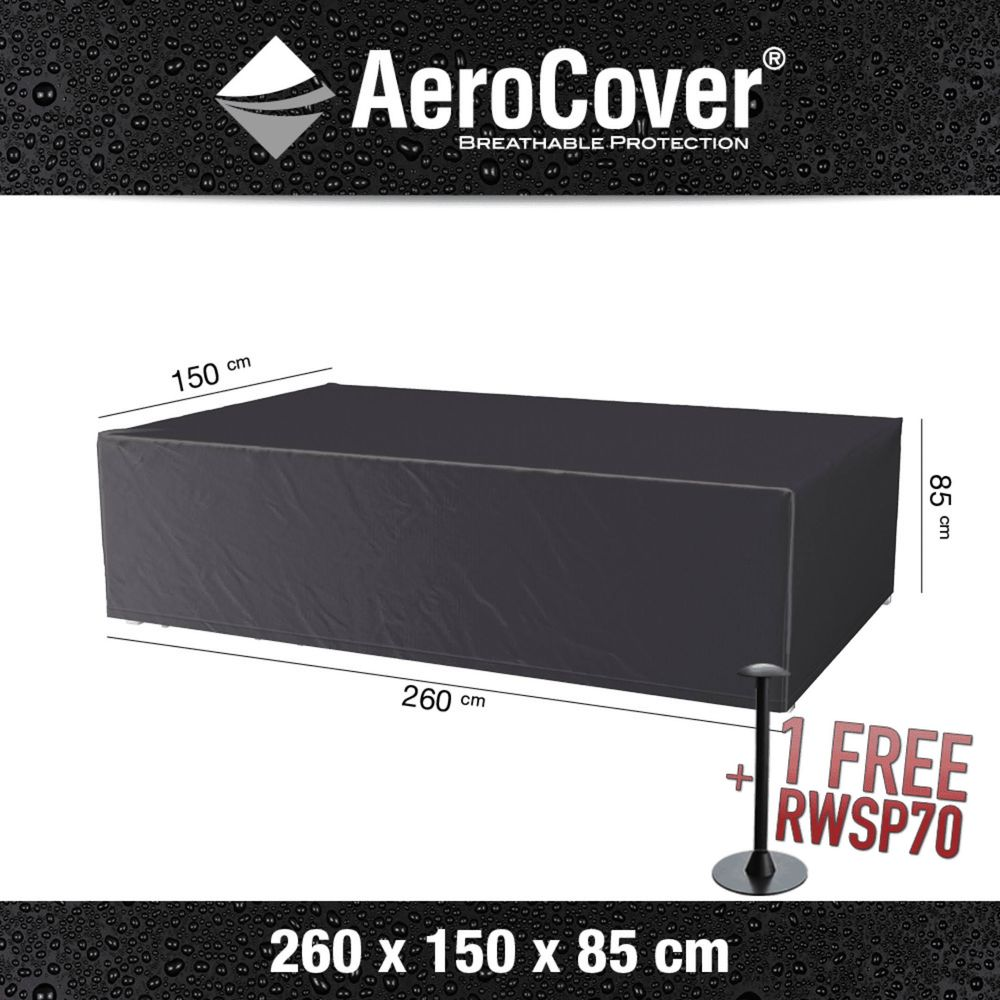 Dunkelgraue Abdeckhaube für Möbel, 260x150x85 cm. Mit AeroCover Logo.