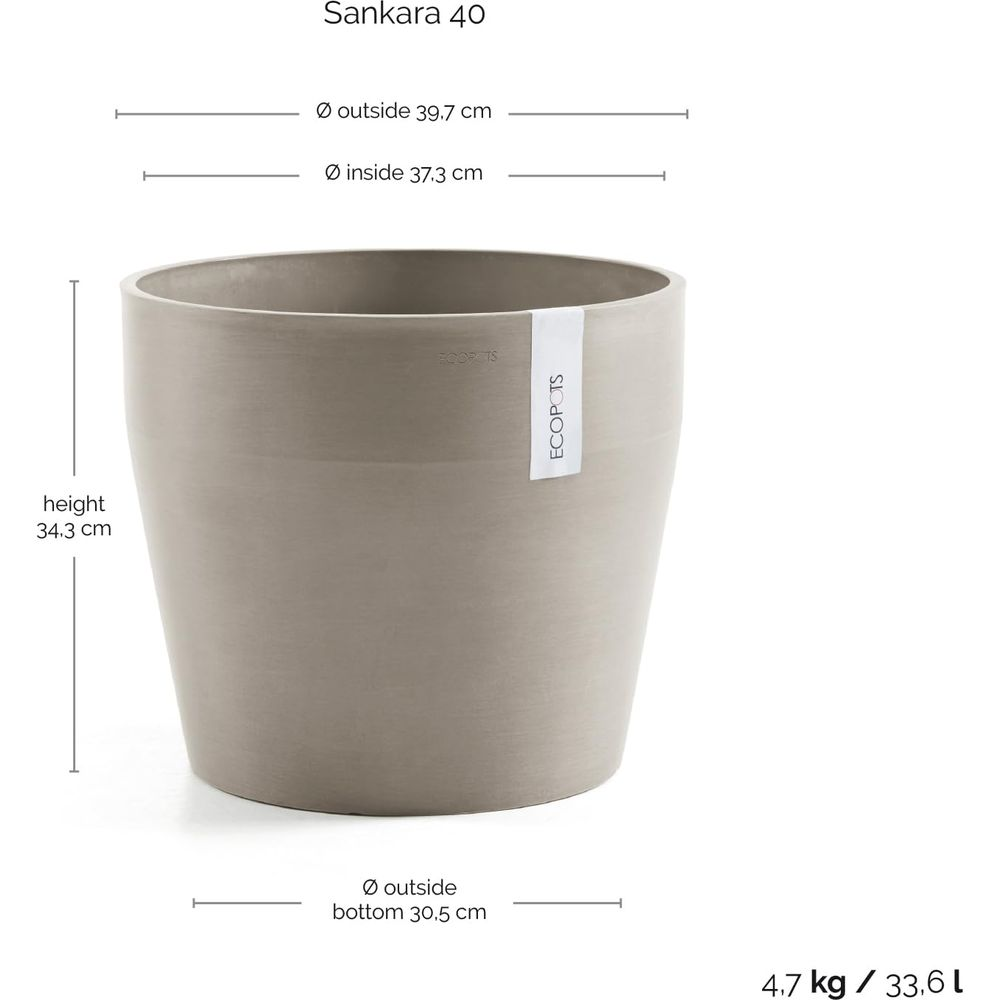 Grauer Pflanztopf Sankara 40, H 34,3 cm, oben Ø 39,7 cm, unten Ø 30,5 cm.