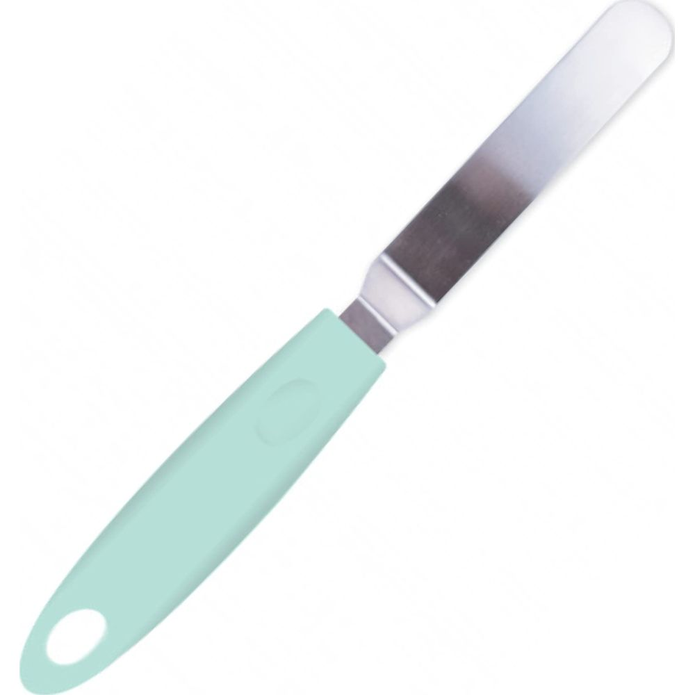 Una spatola sottile in metallo con manico verde menta e un foro.