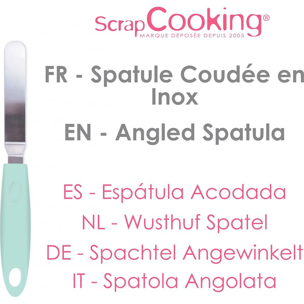 Una spatola argentata con manico turchese e testo.