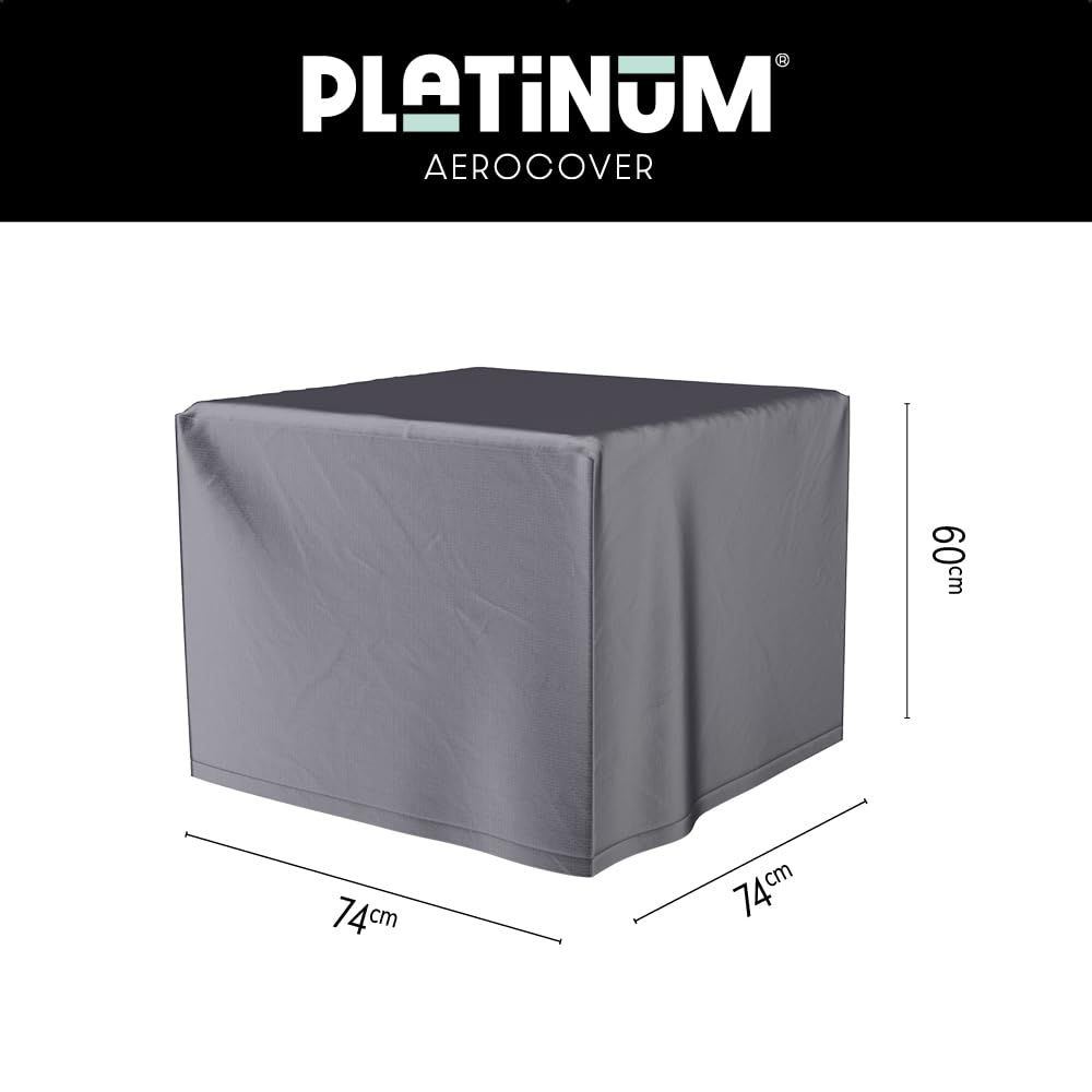 Grauer Tischschutzbezug mit Maßangaben 74x74x60cm. Marke: PLATINUM AEROCover.