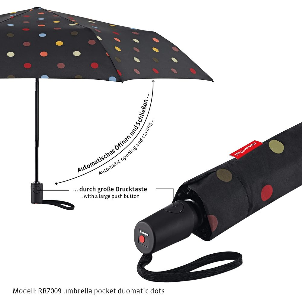 Schwarzer Regenschirm mit bunten Punkten, mit Auf-/Zu-Automatik und großem Knopf.