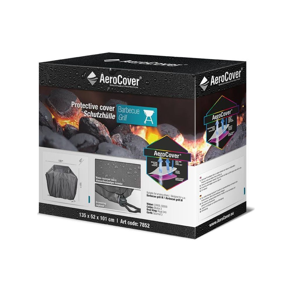 Verpackung für Grillabdeckung von AeroCover, schwarz mit Produktabbildung und Text.