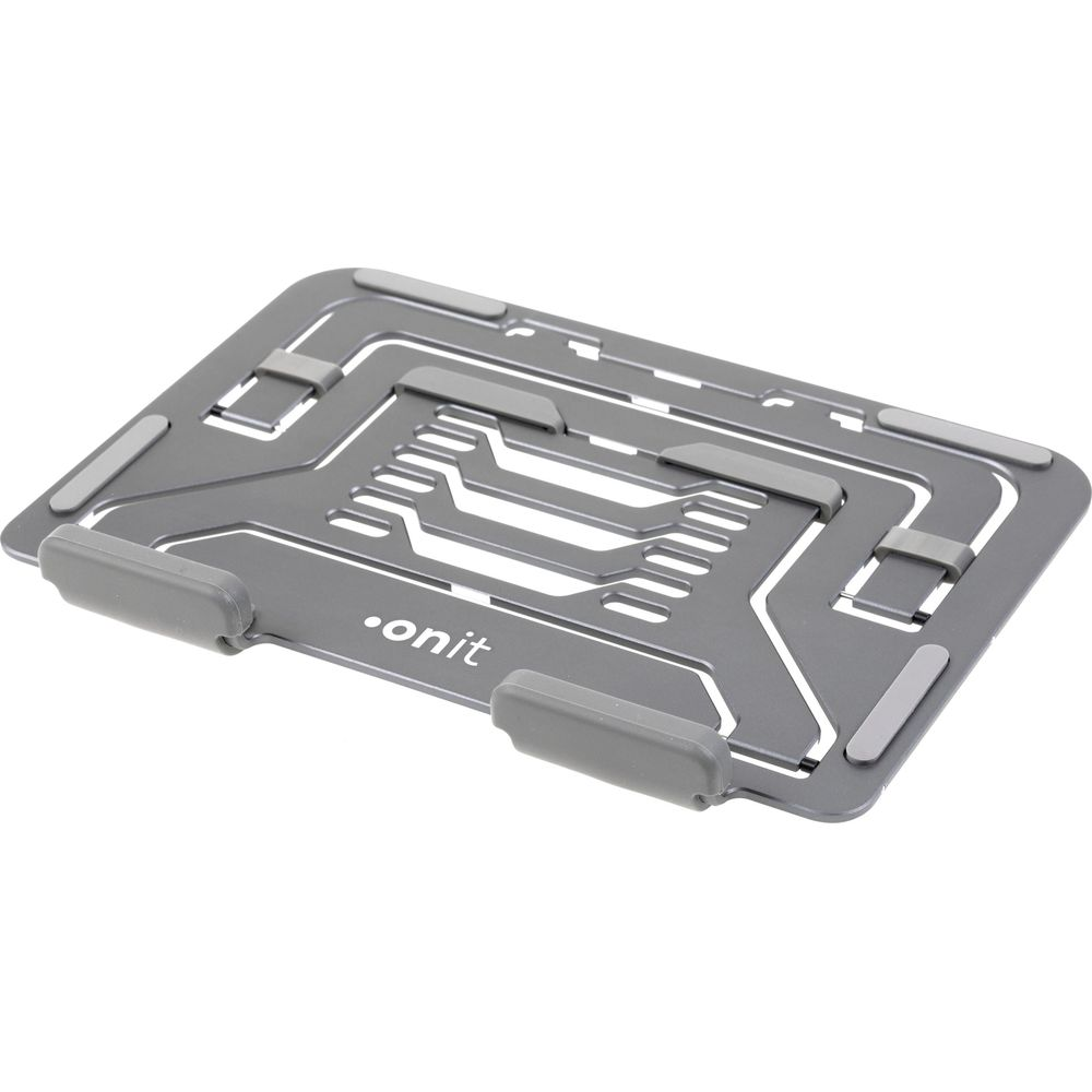 Supporto grigio per laptop con fessure di ventilazione e logo .onit.