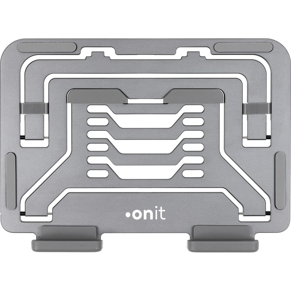 Supporto pieghevole grigio per laptop con fessure di ventilazione e logo Onit.