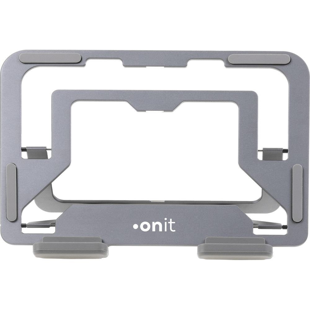 Un supporto per laptop regolabile in metallo grigio con il logo ".onit".