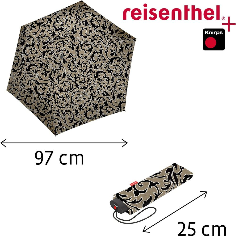 Ein offener, gemusterter Regenschirm (97 cm) und ein geschlossener Regenschirm (25 cm).