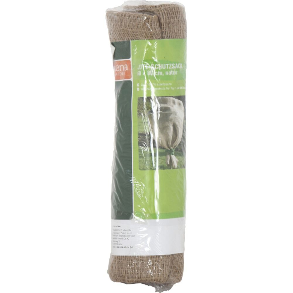 Ein gerolltes Jute-Schutzsack mit Etikett, 80 cm hoch, naturfarben.