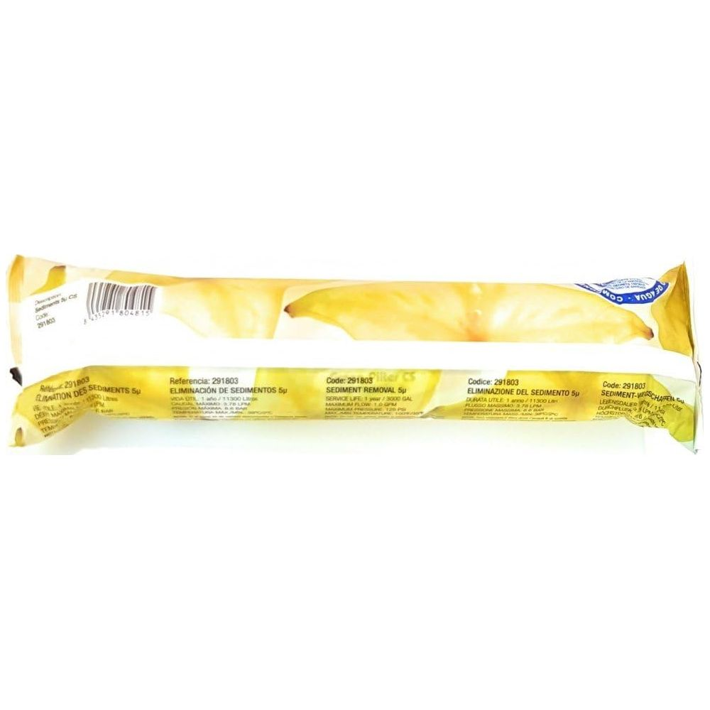 Verpackung eines Sedimentfilters mit Produktinformationen in mehreren Sprachen.