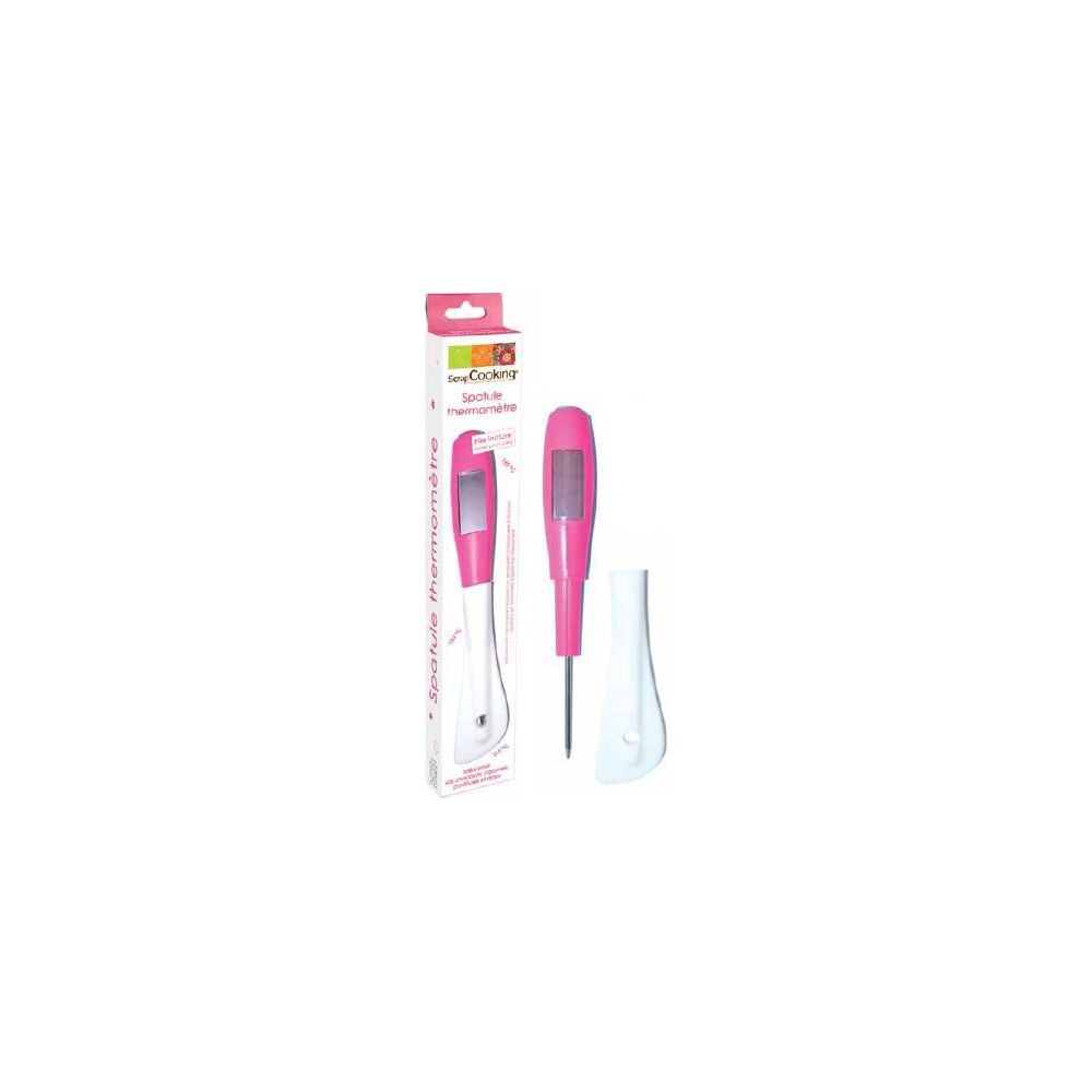 Ein rosa digitaler Thermometer-Spatel mit Verpackung und Schutzhülle.