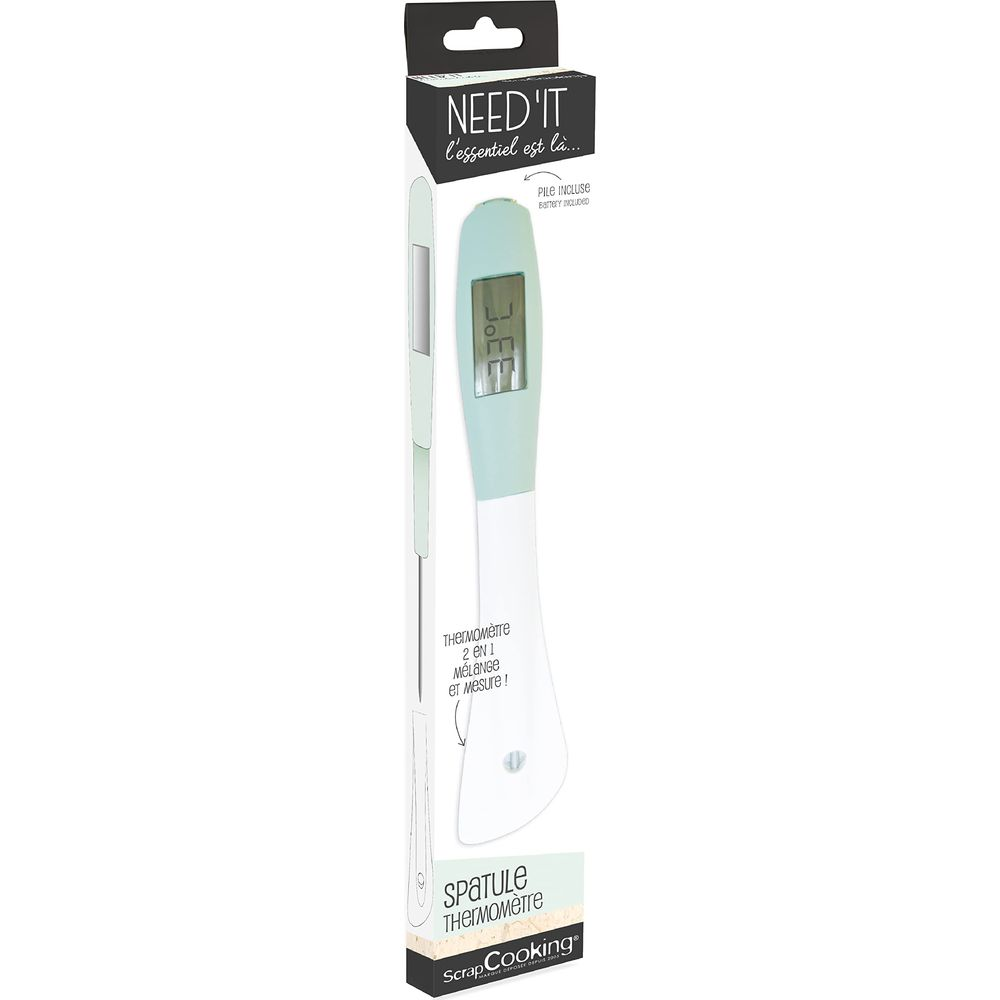 Ein digitaler Thermometer-Spatel in Weiß und Mintgrün mit digitaler Anzeige.