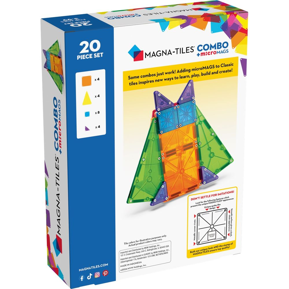 Boîte Magna-Tiles : set de 20 pièces, Combo + micromAGS, avec construction exemple.