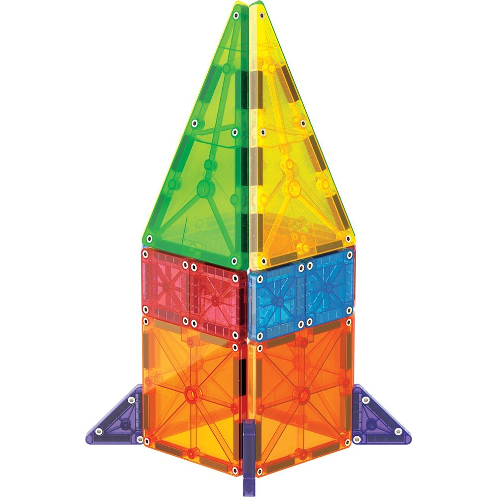 Tour colorée de blocs magnétiques en forme de fusée, avec des pièces transparentes rouges, bleues, oranges, jaunes et vertes.