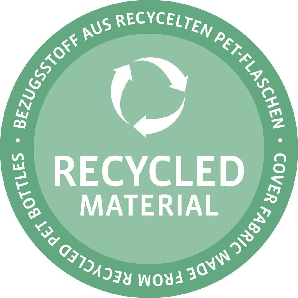 Kreissymbol mit Pfeilen. "RECYCLED MATERIAL" und "BEZUGSSTOFF AUS RECYCELTEN PET-FLASCHEN".