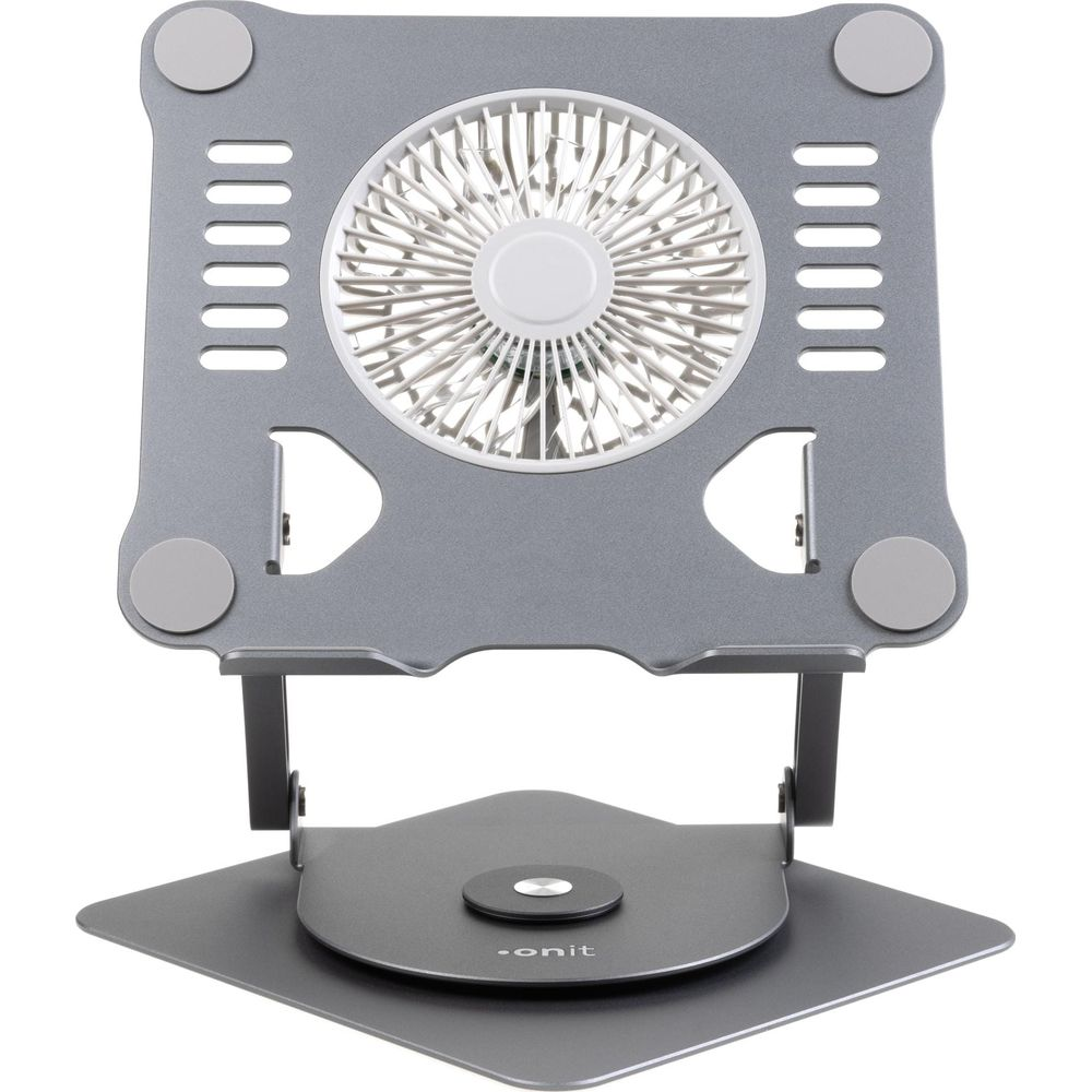 Supporto grigio per laptop con ventola integrata e base regolabile.