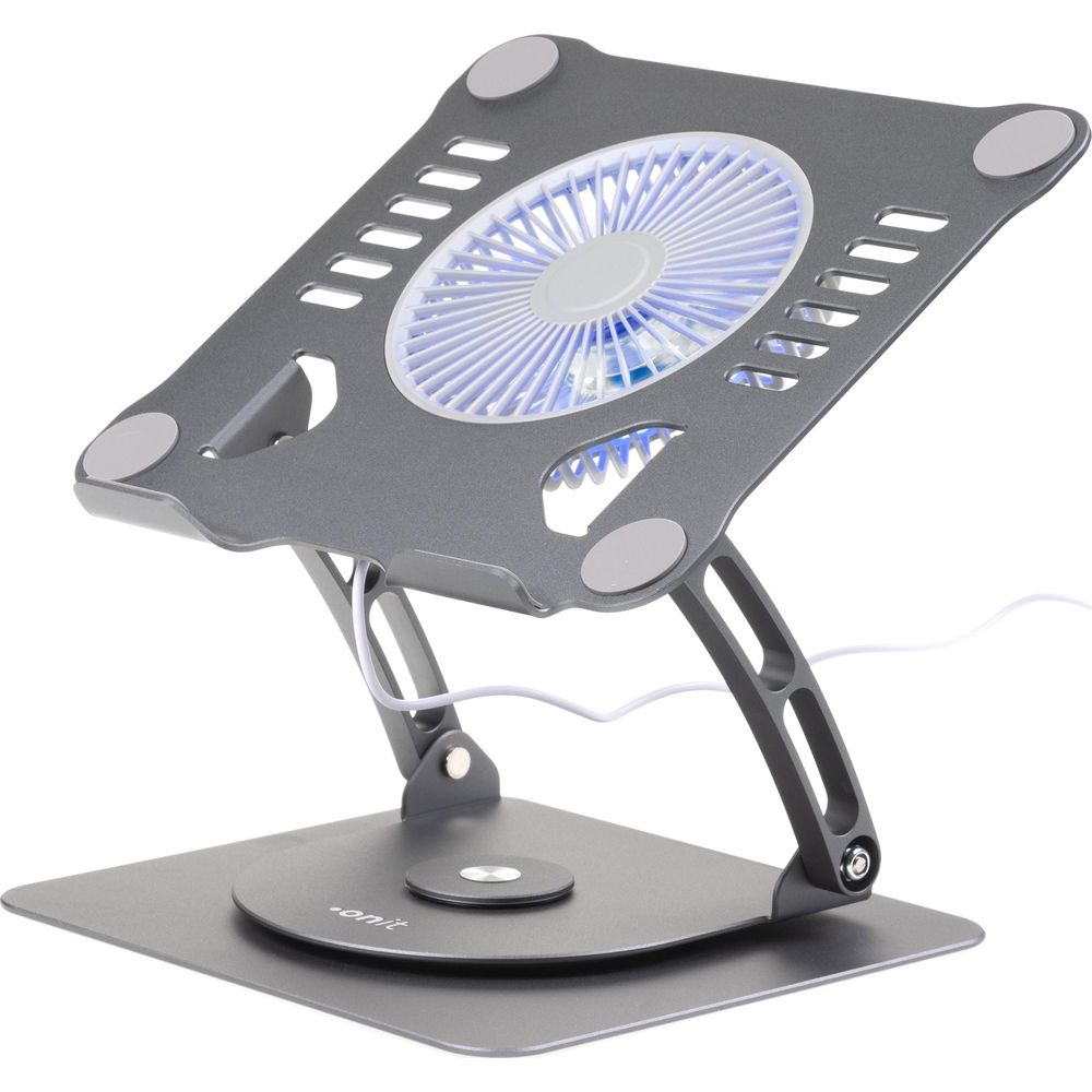 Supporto grigio in metallo per laptop con ventola integrata e luci LED blu.