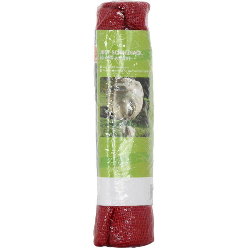 Gerolltes rotes Jutesack mit Etikett. 60x80cm.