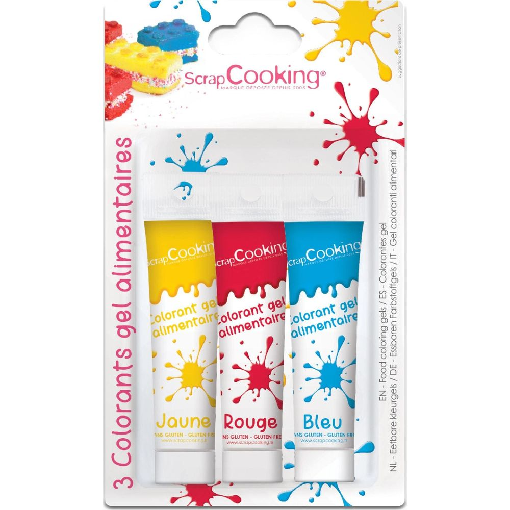 Verpackung mit drei Tuben Lebensmittelfarbe in Gelform: Gelb, Rot, Blau.